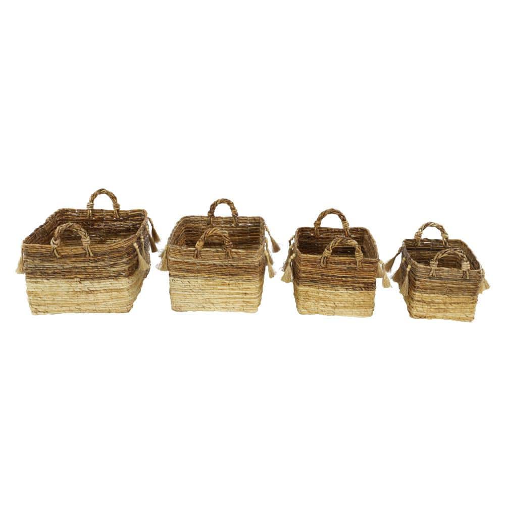 Large Rectangular Brown and Beige Wicker Storage Baskets with Tassels