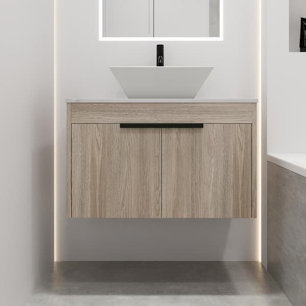 Staykiwi 30 in. W x 19 in. D x 23.3 in. H Floating Bath Vanity in White Oak with White Engineered Stone Composite Top and Sink