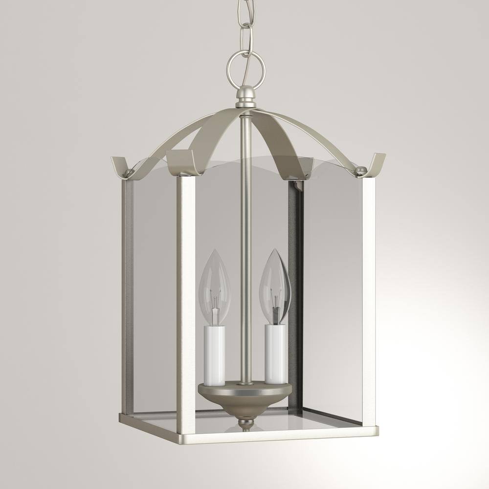 Elegant Brushed Nickel 2-Light Candelabra Chandelier with Clear Glass Panels