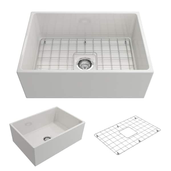 BOCCHI Contempo Farmhouse Apron Front Fireclay 27 in. Single Bowl Kitchen Sink with Bottom Grid and Strainer in White