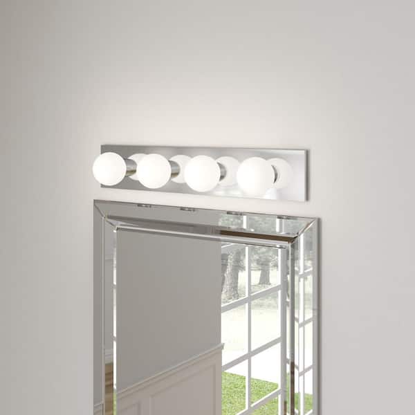 Center Stage 24 in. 4-Light Chrome Traditional Wall Dressing Room Hollywood Bathroom Vanity Bar Light