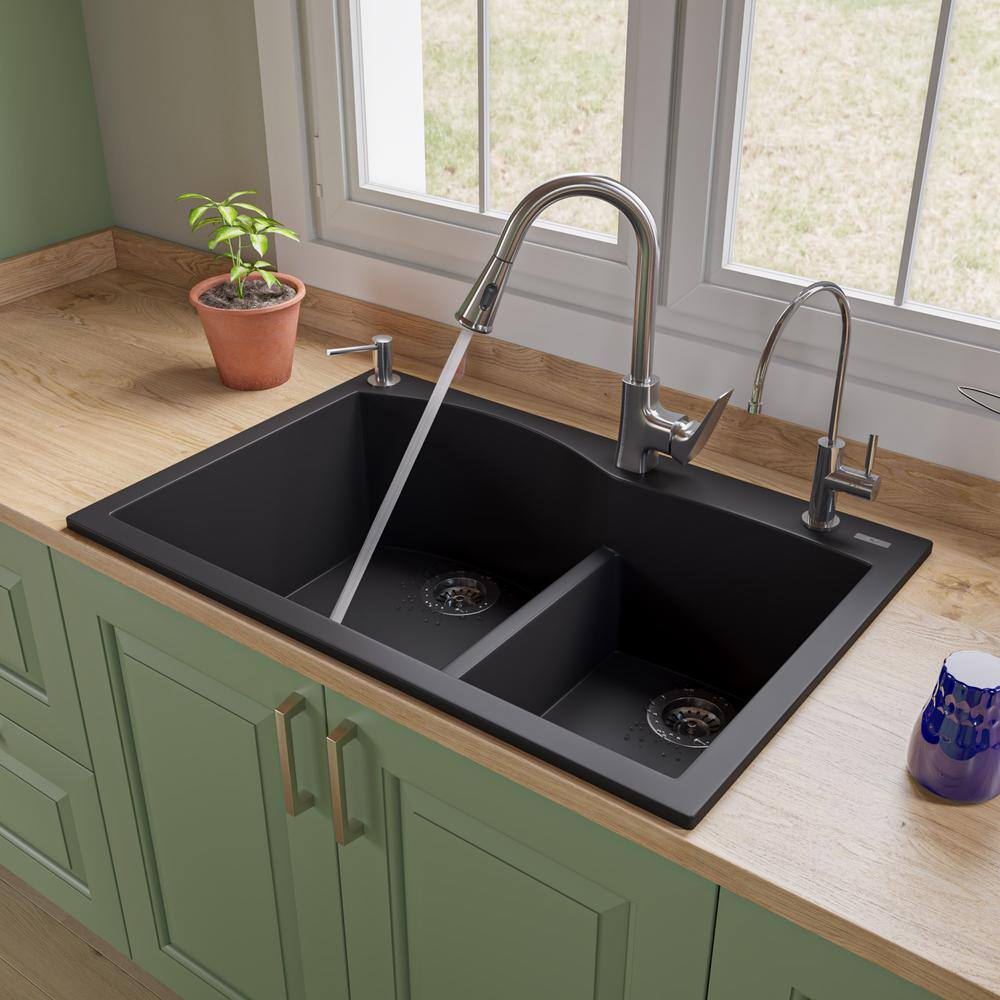 33'' Black Granite Double Bowl Drop-In Kitchen Sink