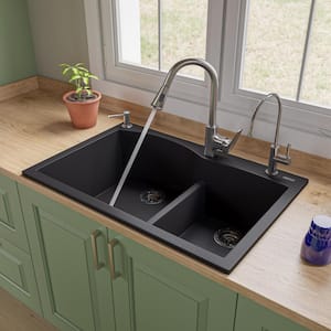 Drop-In Granite Composite 33 in. 1-Hole 35/65 Double Bowl Kitchen Sink in Black