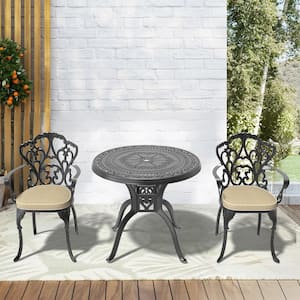 Lily Black 3-Piece Cast Aluminum Outdoor Dining Set with Round Table and Dining Chairs with Random Color Cushion