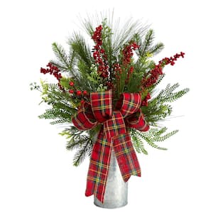 28 in. Unlit Holiday Winter Greenery, Berries and Plaid Bow Artificial Christmas Arrangement Home Decor