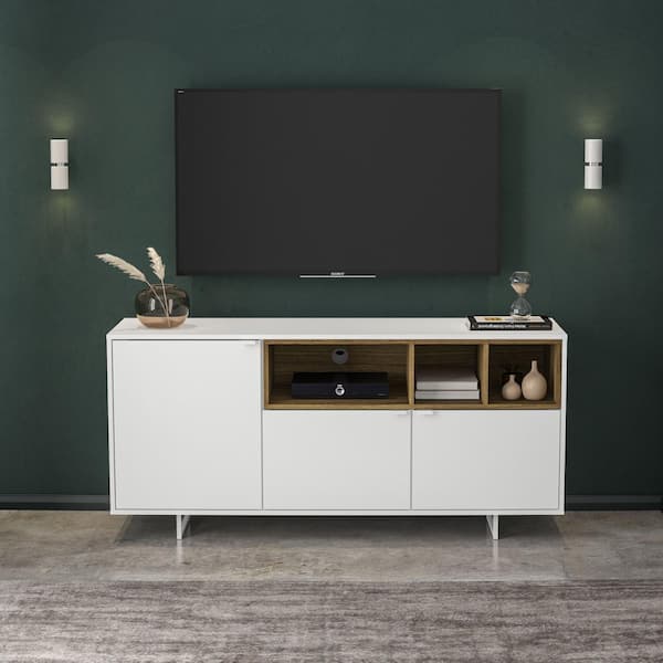 Honolulu White and Walnut TV Stand Fits TV's up to 65 in. with 3-Cabinets