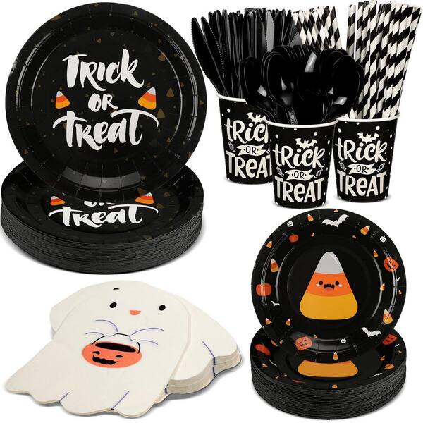 400-Piece Halloween Party Tableware Set with Paper Plates Cups Napkins and Plastic Cutlery for 50 Guests