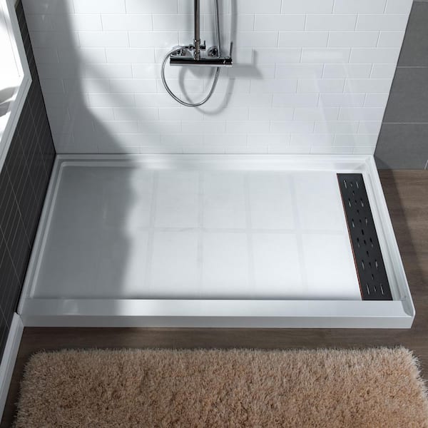 WOODBRIDGE Krasik 60 in. L x 32 in. W Alcove Solid Surface Shower Pan Base with Right Drain in White with Oil Rubbed Bronze Cover