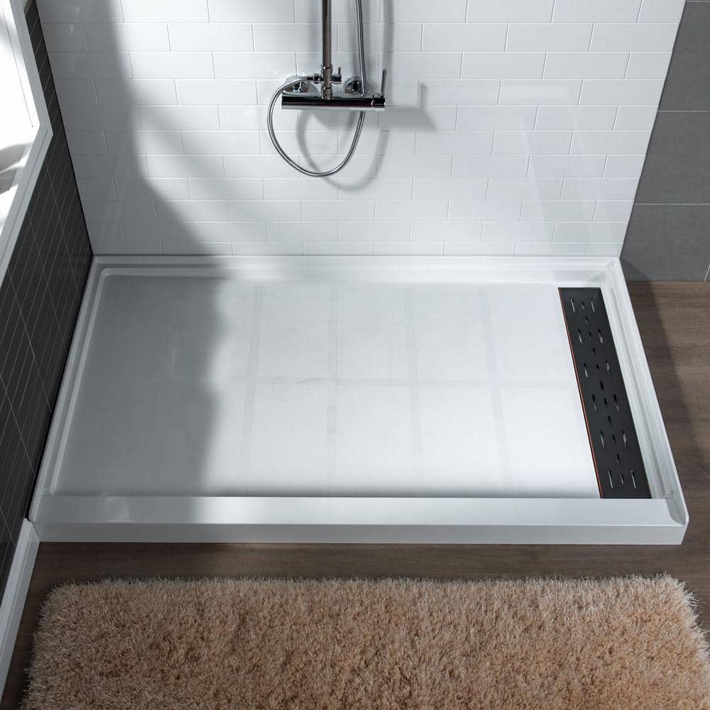 60" x 36" White Solid Surface Shower Pan Base with Oil Rubbed Bronze Drain Cover