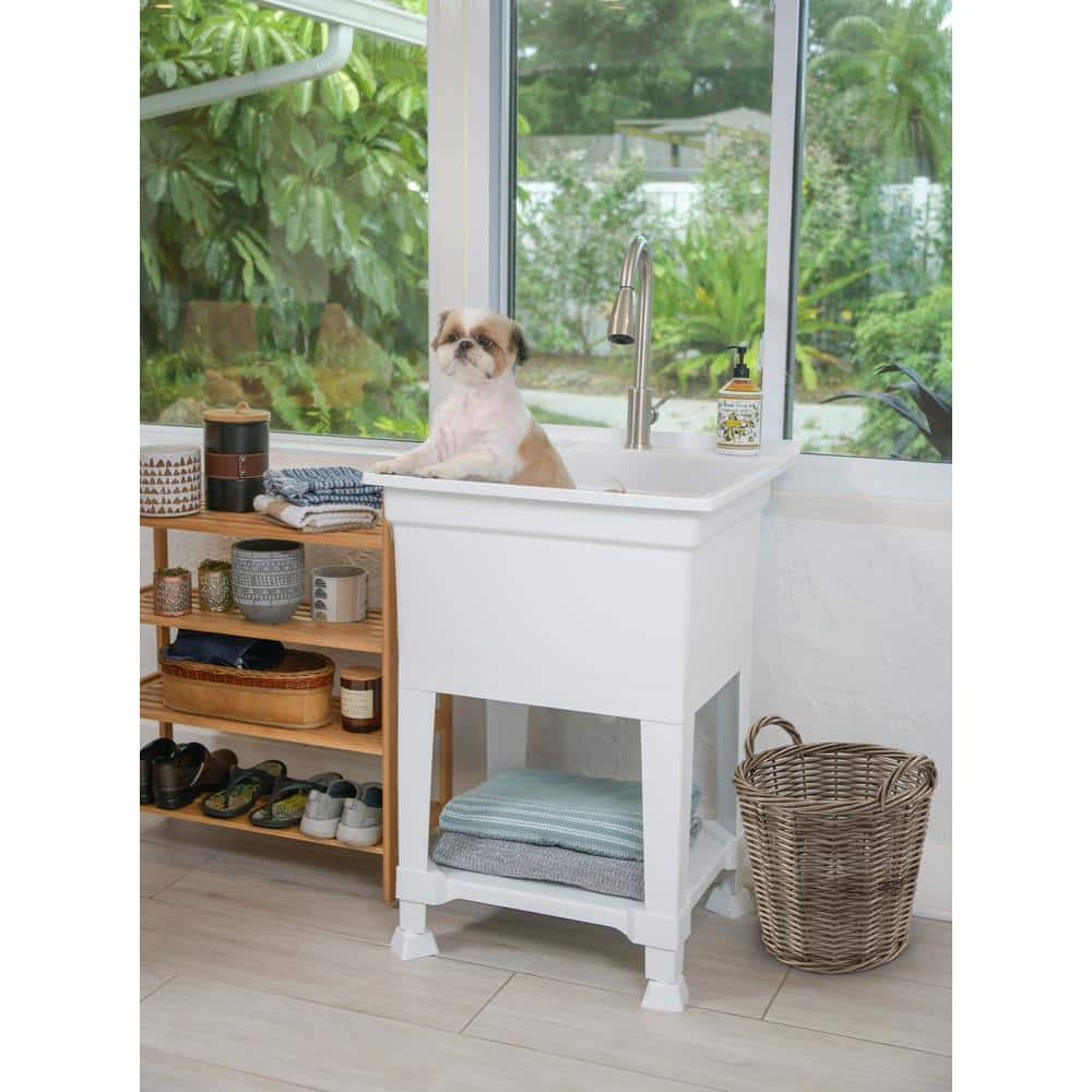 24-Inch White Polypropylene Freestanding Utility Sink with Stainless Steel Faucet