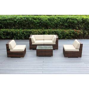 Ohana Mixed Brown 5-Piece Wicker Patio Seating Set with Supercrylic Beige Cushions