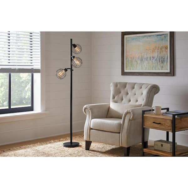 Hampton Bay Torrance 65 in. Black Floor Lamp with Open Wire Frame Shade