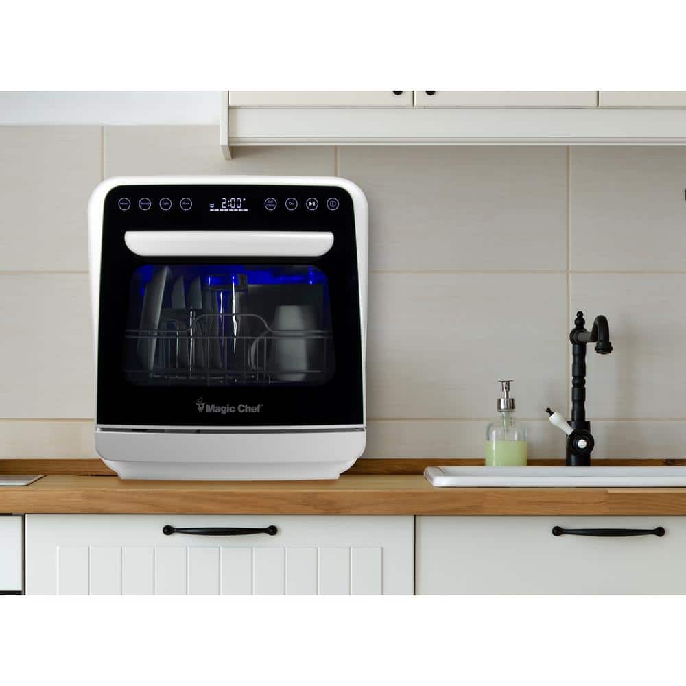 White Compact Countertop Dishwasher with Digital Display