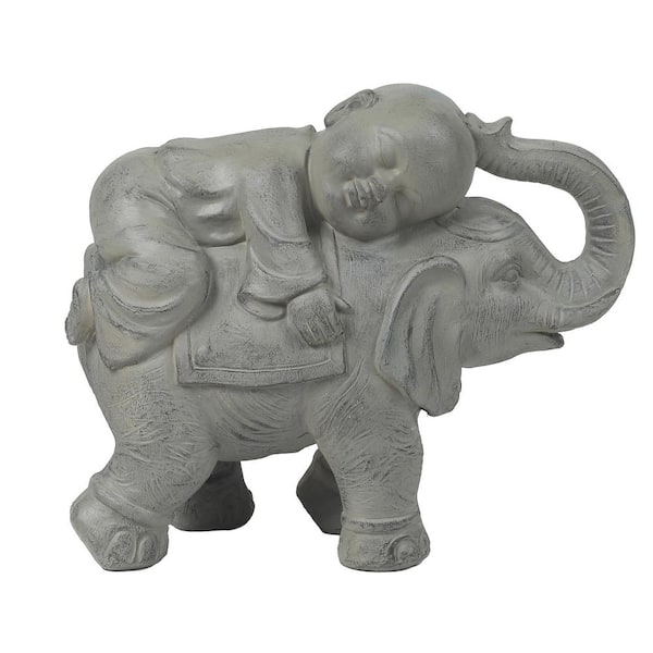 LuxenHome Gray MgO Buddha Monk and Elephant Garden Statue WHST1217 