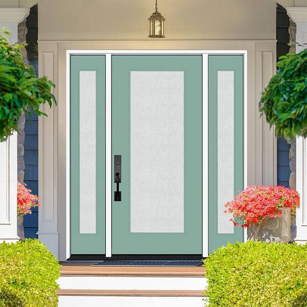 Legacy 68 in. x 80 in. Full Lite Rain Glass LHOS Primed Quarry Finish Fiberglass Prehung Front Door with Dbl 14 in. SL