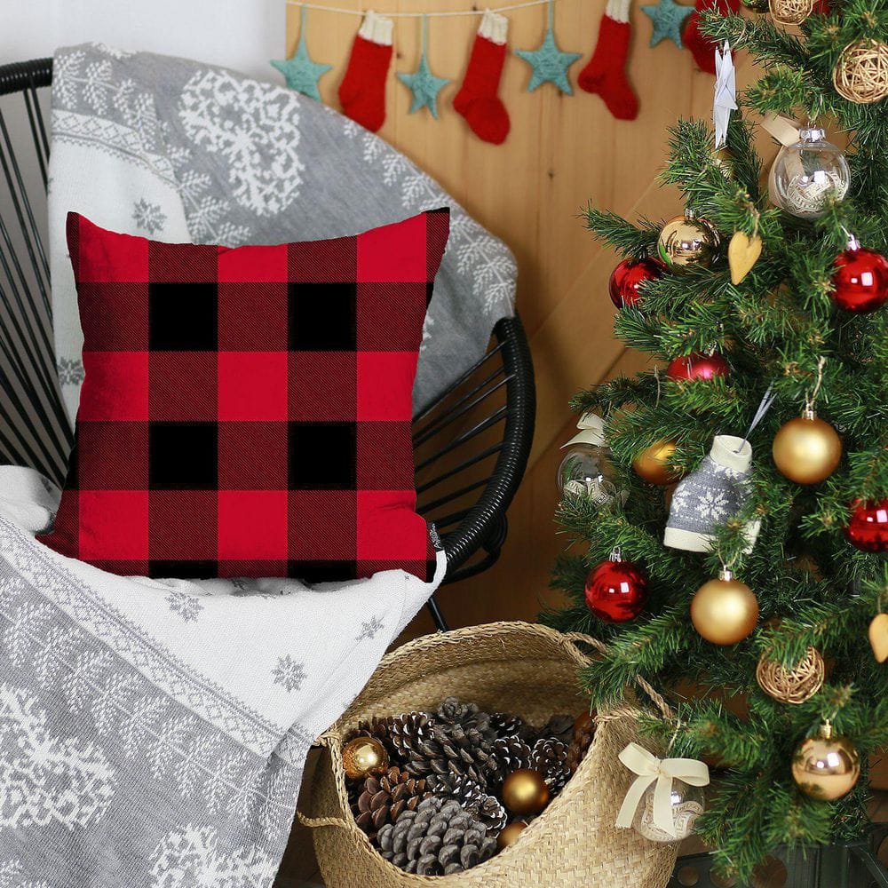 Red and Black Plaid Polyester Christmas Throw Pillow Cover 18" x 18"