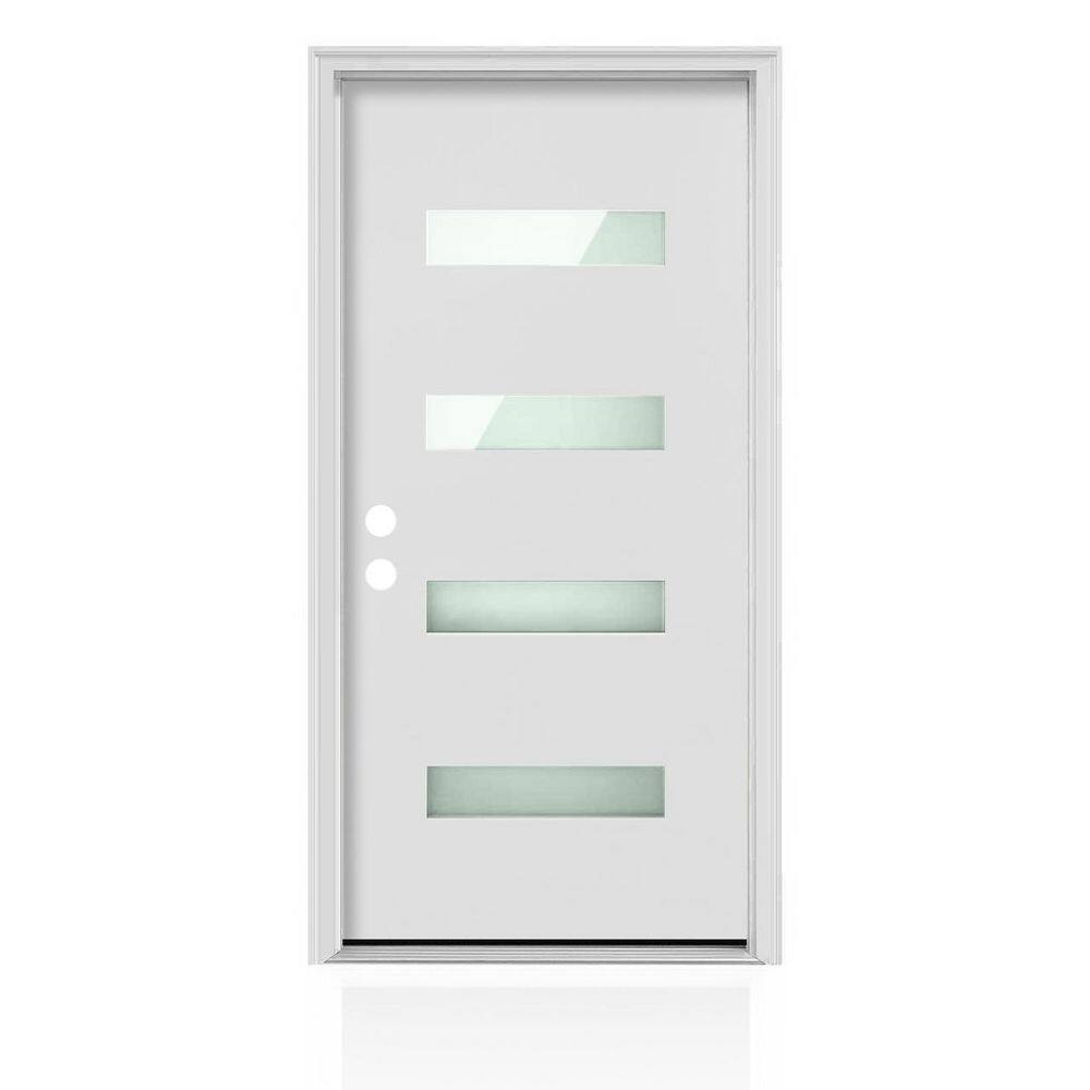 36 in. x 80 in. Right-Hand 4 Lite Frosted Glass White Modern Prehung Exterior Fiberglass Front Door with Brickmould price history on PriceWatchPro