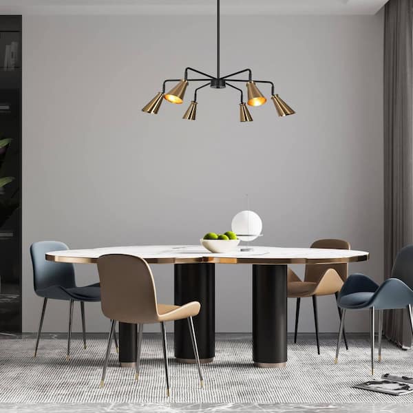 Industrial 33.5 in. 6-Light Brass Sputnik Chandelier, Mid-Century Black Pendant Light with Metal Shade for Dining Room