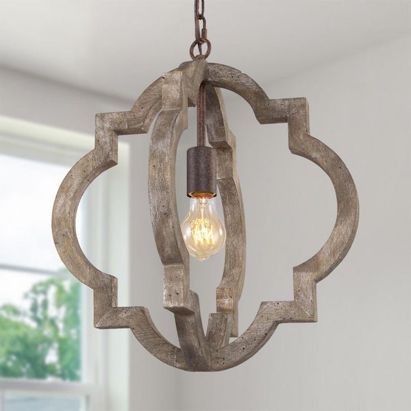 1-Light Distressed Wood and Metal Indoor Mini Pendant Light Farmhouse Perfect for Kitchen, Dining Room, and Living Room