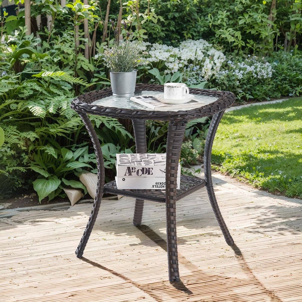 ArcoBay Brown Square Wicker Outdoor Side Table with Tempered Glass Top and Lower Wicker Storage Shelf price history on PriceWatchPro