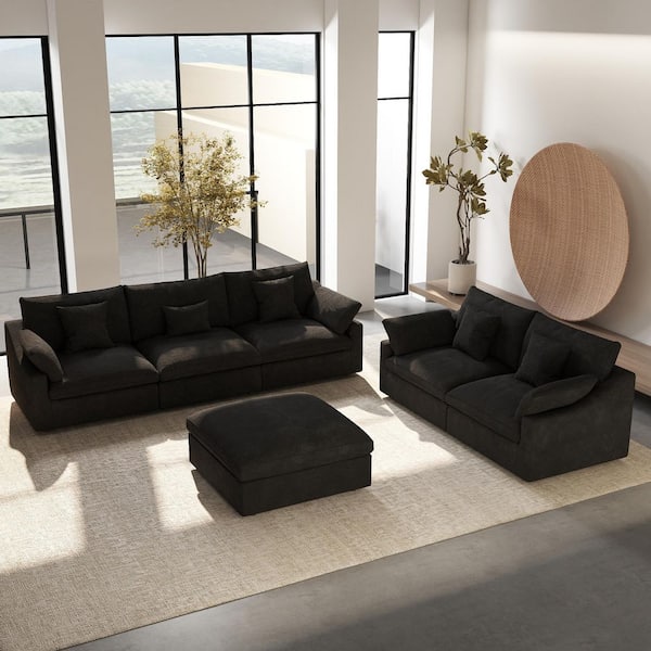 6-Pieces Black Linen Modular Sofa, Down Filled Living Room Set 2 Seater, 3 Seater with Ottoman and Detachable Covers
