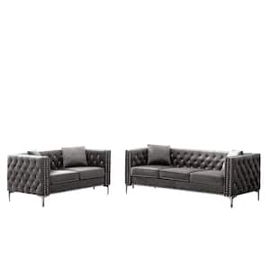 Black 82.3 in Wide Square Arm Velvet Modern Living Room Set with Straight Sofa and Loveseat, Button Tufted Copper Nails