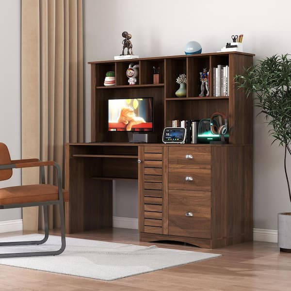 59.06 in. Rectangular Walnut Home Office Computer Desk with Hutch