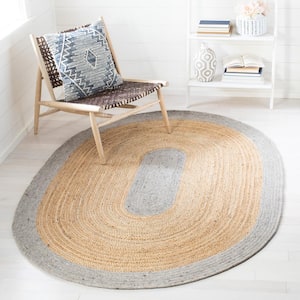 Braided Silver Natural 4 ft. x 6 ft. Solid Border Oval Area Rug