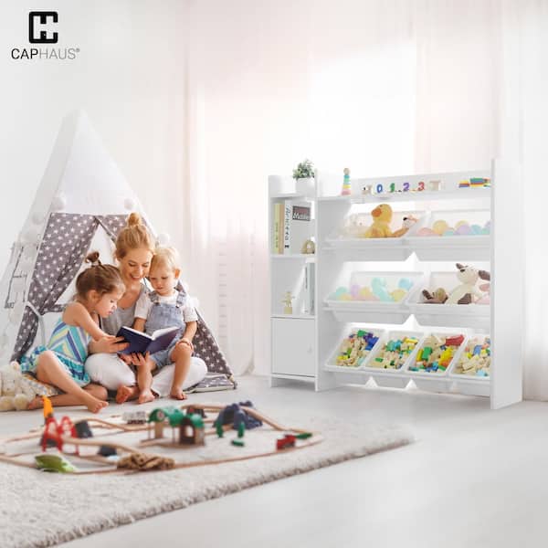 CAPHAUS White Wood Kids Storage Cabinet with 8 White Plastic Bins