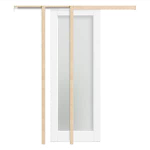 30 in. x 80 in. 1-Lite Tempered Frosted Panel MDF, White Primed Pocket Door Frame, Hardware Included