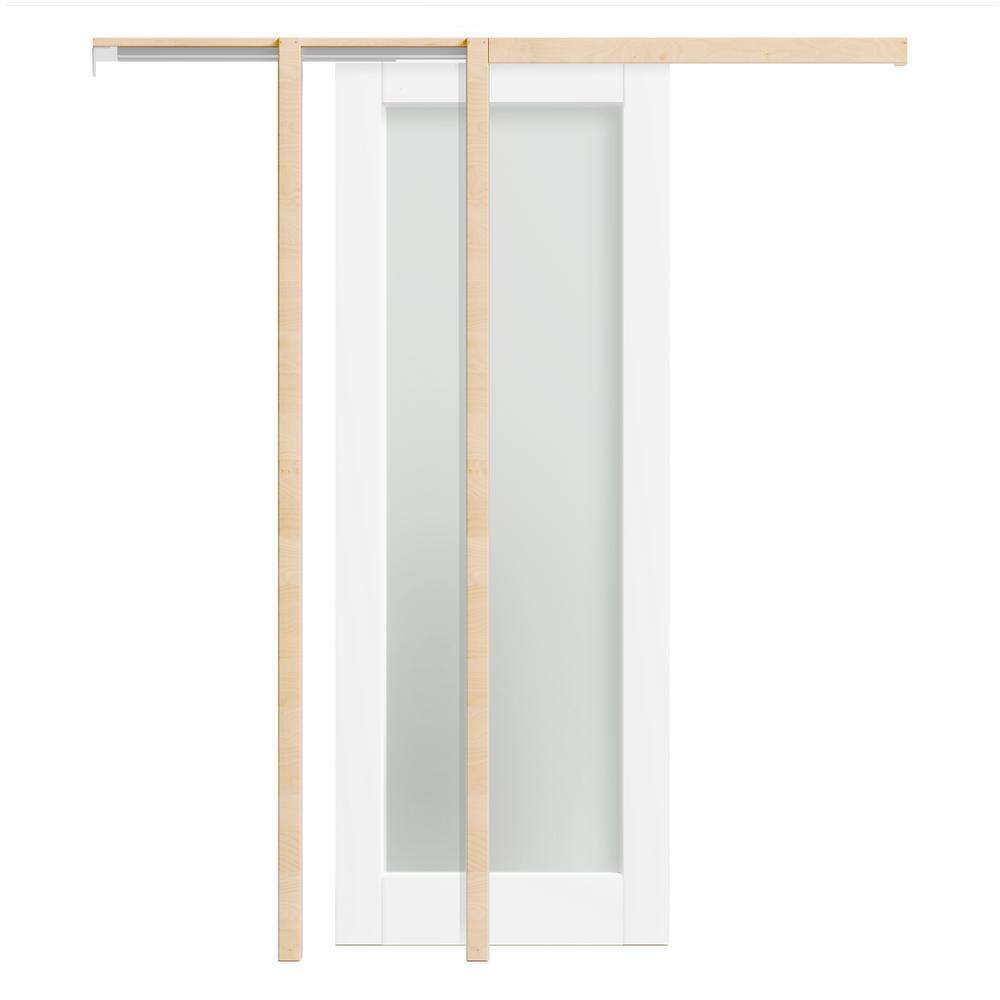 30 in. x 80 in. White Primed MDF Pocket Door Frame with Frosted Panel