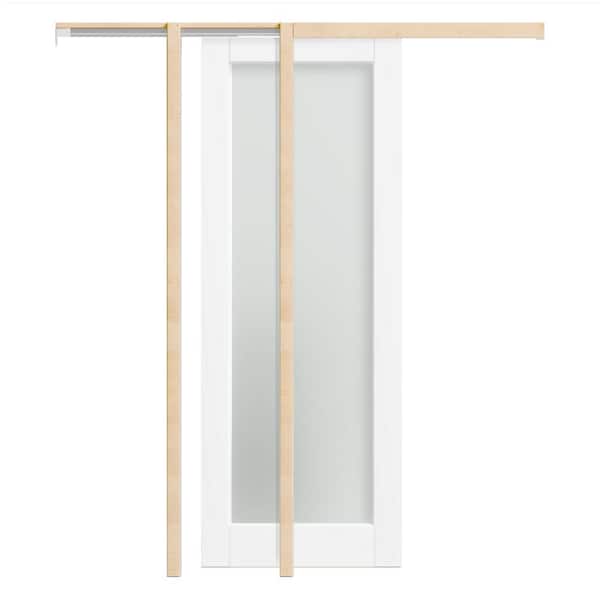 30 in. x 80 in. White Primed Solid Wood 1-Lite Forested Glass Pocket Door with Hardware Kit (Soft Close Included)