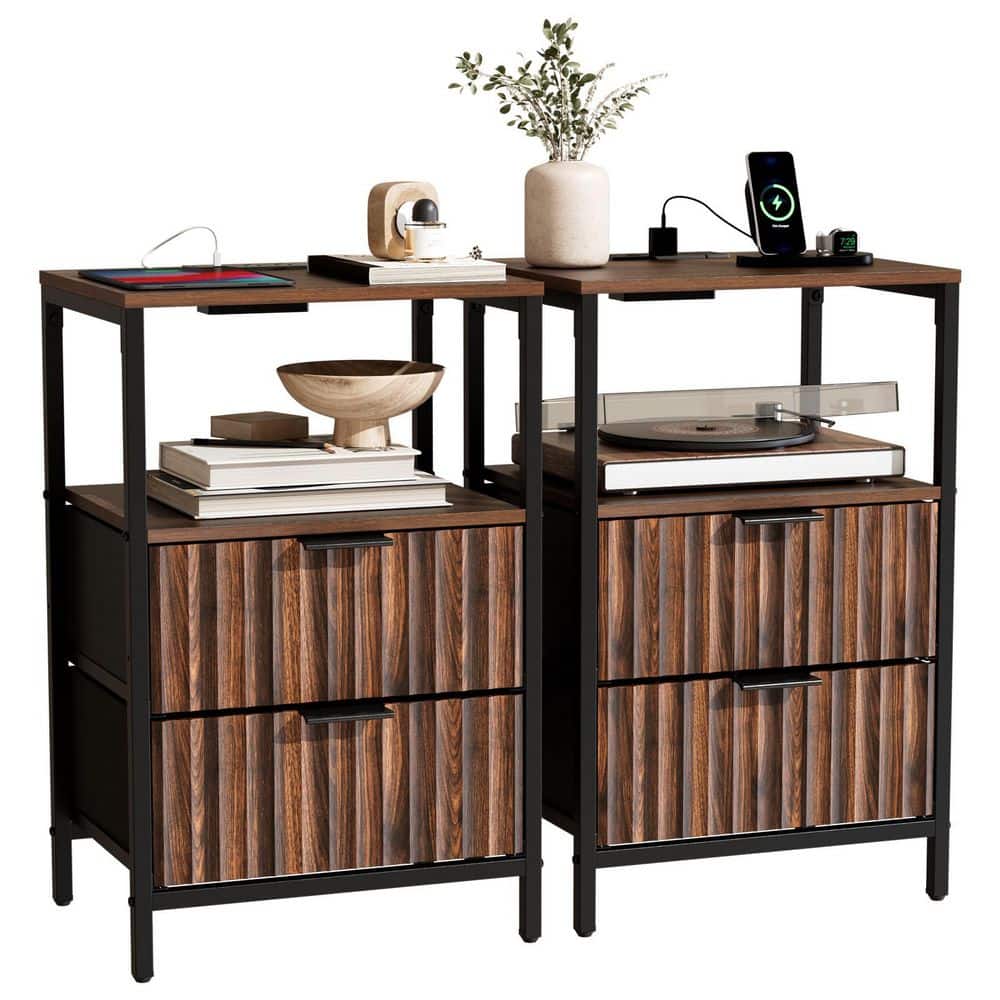 2Pcs 2 Drawer 15 in. W Nightstand with USB Port