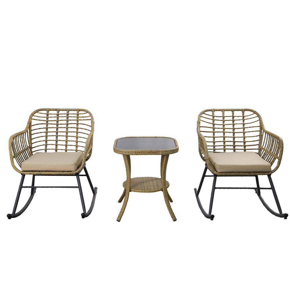 Patio Rocking Chairs Set, 3 Piece Wicker Outdoor Bistro Set With Khaki ...