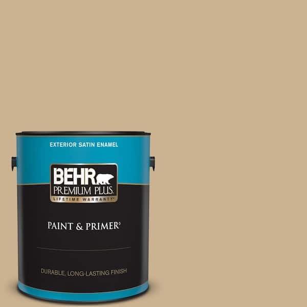 BEHR PREMIUM PLUS 1 gal. #PWL-84 Tropical Tan Satin Enamel Exterior Paint & Primer