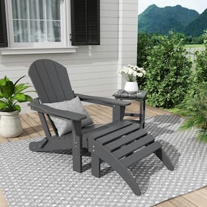 Laguna Classic Outdoor Patio Plastic Foldable Adirondack Chair with Ottoman and Side Table Set (3-Piece), Gray