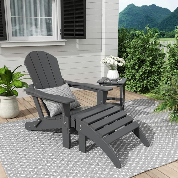 WESTIN OUTDOOR Laguna Classic Outdoor Patio Plastic Foldable Adirondack Chair with Ottoman and Side Table Set (3-Piece), Gray
