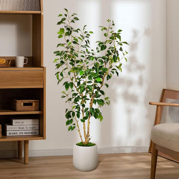 Edvivi 5 ft. Artificial Ficus Tree in White Decor Pot, Faux Green Plant Indoor Home Decorative Planter