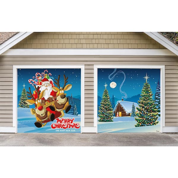 My Door Decor 7 ft. x 8 ft. Santa\'s Take off-Outdoor Holiday 2-Car ...