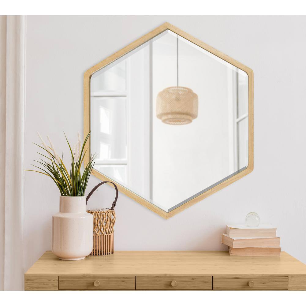 Natural Wood Hexagon Wall Mirror with Rounded Corners