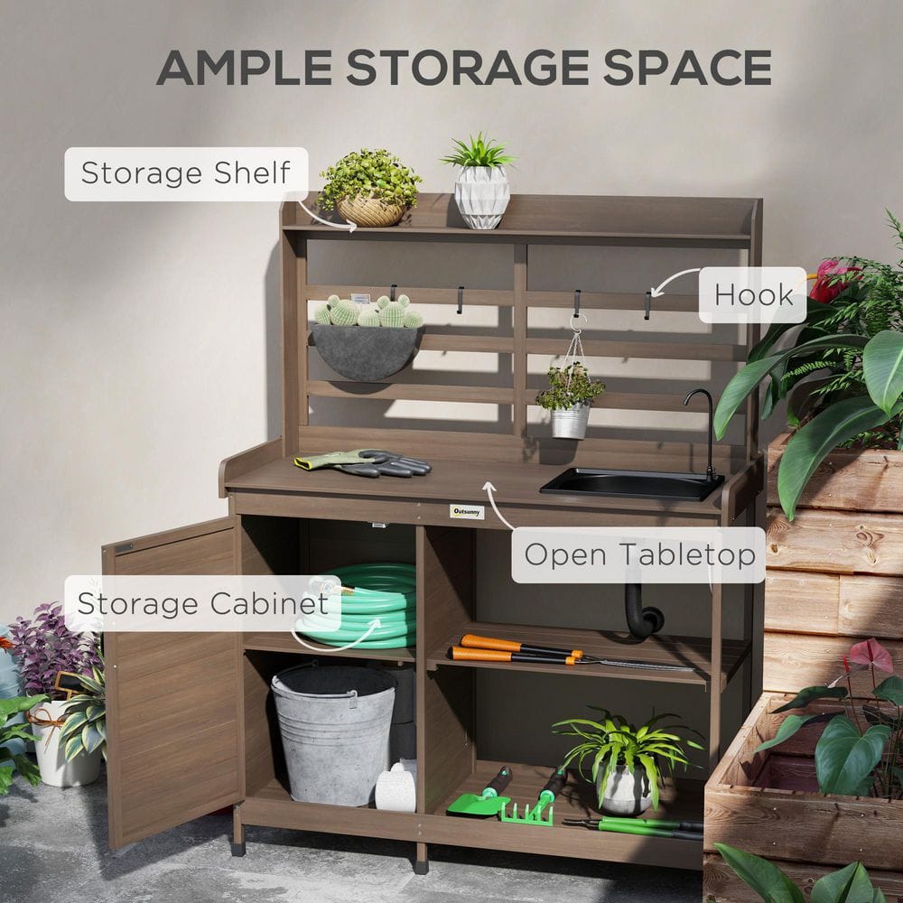 Dark Brown Wooden Outdoor Potting Bench with Storage Cabinet and Sink