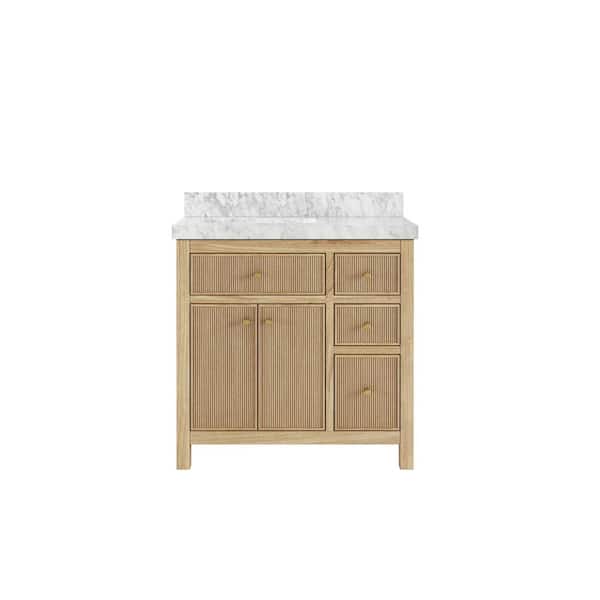 Willow Collections Sonoma Teak 36 in. W x 22 in. D x 36 in. H Left Offset Sink Bath Vanity in Light Teak with 2 in. Carrara Marble Top
