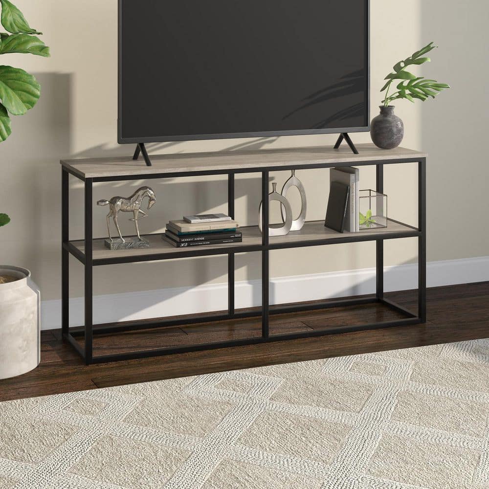 Antiqued Gray Oak and Blackened Bronze 70-inch Transitional TV Stand