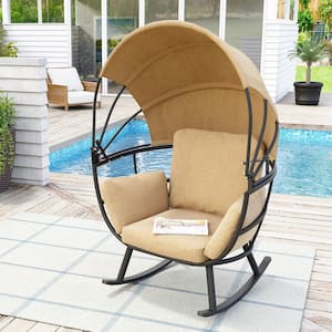 Black Rocking Aluminum Outdoor Lounge Chair with Tan Cushion and Tan Sun Shade Cover
