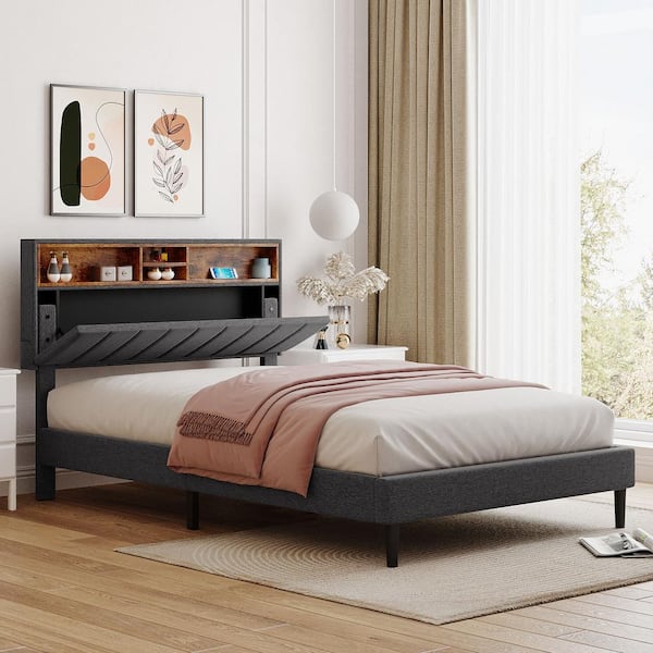 URTR Gray Wood Frame Upholstered Full Size Platform Bed with Storage Headboard and USB Ports, Linen Fabric Upholstered Bed
