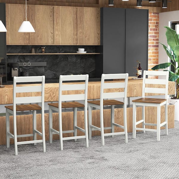 Gymax Counter Height Chairs with Inclined Backrest Rubber Wood Crossbars (Set of 4)