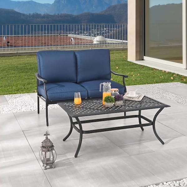 TOP HOME SPACE 2-Piece Metal Outdoor Loveseat with Blue Cushions