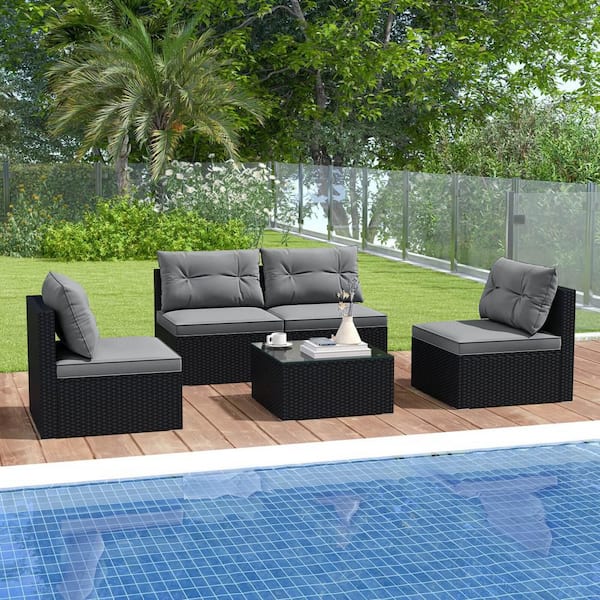 5 Piece Outdoor Furniture Set with Seat and Back Cushions Tempered Glass Tabletop Gray