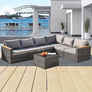 7-Piece Wicker Outdoor Sectional Sofa Set Patio Conversation Set with Gray Cushions Outdoor Patio Furniture