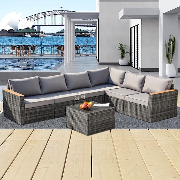 Runesay 7-Piece Wicker Outdoor Sectional Sofa Set Patio Conversation Set with Gray Cushions Outdoor Patio Furniture